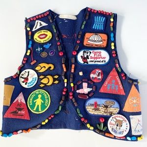 Vintage Camp Fire Wool Vest late 70s early 80s, loaded w/ badges, pins, beads